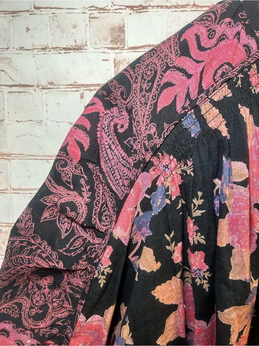 Free People Maraya Paisley Floral Blouse XL Black Multi Boho Balloon Sleeve Top
